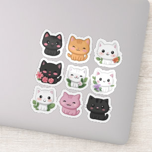 Sticker Sticleur de chats fleuris Cute Kawaii Multicolor