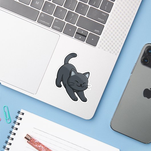 Sticker Stretching Black Cat (Ordinateur portable avec iPhone)