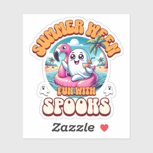 Sticker Summerween Cute Ghost Flamingo Float Beach Cartoon (Feuille)