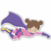 Sticker Superhero Girl, Cheveux Brown, Cap violet, Petite  (Devant)