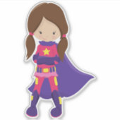 Sticker Superhero Girl, cheveux Brown, mignonne fille, cap (Devant)