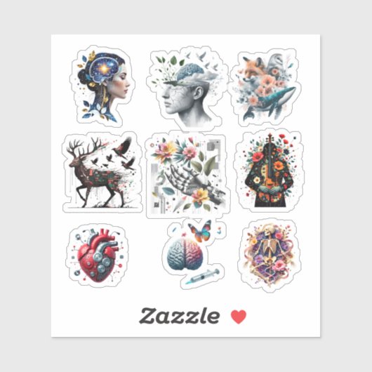 Sticker Surreal Anatomy Collage – Fusion of Brain, Nature, (Feuille)