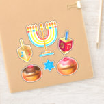 Sticker Symboles de Fête de l'Hanoukka<br><div class="desc">Autocollants étiquettes de Chanukkah. Joyeux Hanoukka Party Juif Menorah, Donuts, Dreidel. Décoration Chanukkah de Fête Juive avec le symbole décoratif traditionnel Chanuka - Dessin coloré Hanukkiah menorah, chandelier avec des bougies, Donuts, Dreidel en bois (jouet en rotation) étoile de David et lumières brillantes illustration. Hanoukka Festival des lumières Décoration de...</div>