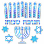 Sticker Symboles de Fête de l'Hanoukka<br><div class="desc">Montage des autocollants étiquettes de Chanukkah. Joyeux parti Hanoukka juif Fête hébraïque Lettres. Menorah, Donuts, Dreidel. Décoration Chanukkah de Fête Juive avec le symbole décoratif traditionnel Chanuka - Dessin coloré Hanukkiah menorah, chandelier avec des bougies, Donuts, Dreidel en bois (jouet en rotation) étoile de David et lumières brillantes illustration. Hanoukka...</div>