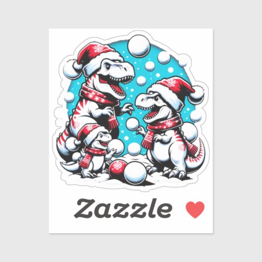 Sticker T-Rex Family Snowball Combat - Dino de Noël drôle (Feuille)