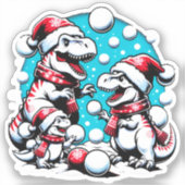 Sticker T-Rex Family Snowball Combat - Dino de Noël drôle (Recto)