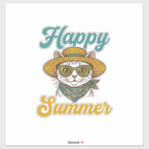 Sticker T-shirt design vintage gravure chat d'été heureux_