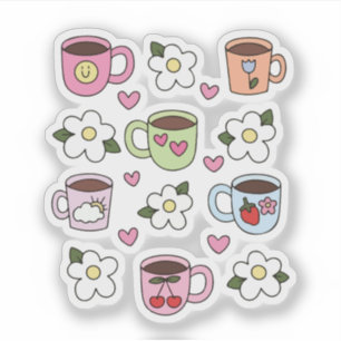 Sticker Tasse de thé Kawaii et fleurs