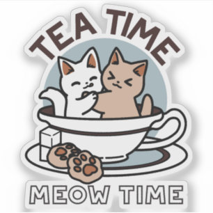 Sticker Tea Time Meow Time - Cute Cat and Tea Design