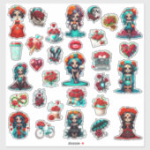 Sticker Teal Red Roses Sugar Skull  (Feuille)