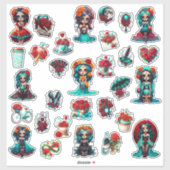 Sticker Teal Red Roses Sugar Skull  (Feuille)