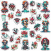Sticker Teal Red Roses Sugar Skull  (Devant)