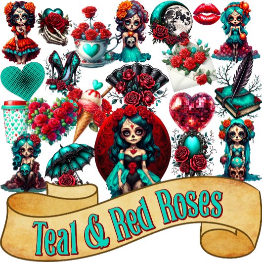 Sticker Teal Red Roses Sugar Skull 