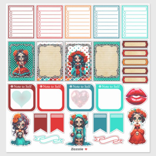 Sticker Teal Red Roses Sugar Skull  - Planner 2  (Feuille)