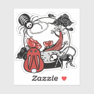 Sticker Terrarium Gothique Araignée Squelette et Lapin Rou