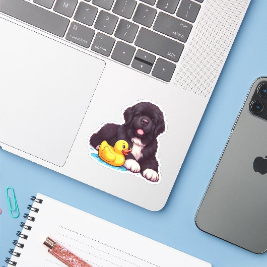 Sticker Terre-Neuve avec un canard en caoutchouc (Ordinateur portable avec iPhone)