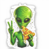 Sticker Tête d'alien drôle mangeant une pizza UFO  (Recto)