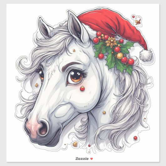 Sticker Tête de cheval blanche festive avec bride rouge (Feuille)