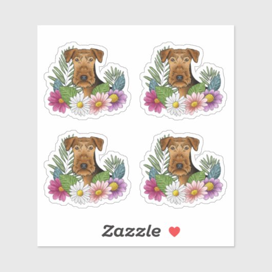 Sticker Tête de chien Airedale Terrier Fleurs d'été coloré (Feuille)