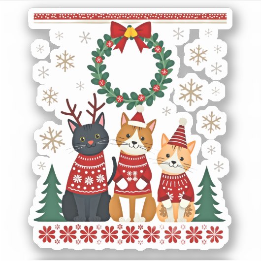 Sticker Three Cat Funny Christmas Cat Ugly Xmas Sweater Me (Devant)