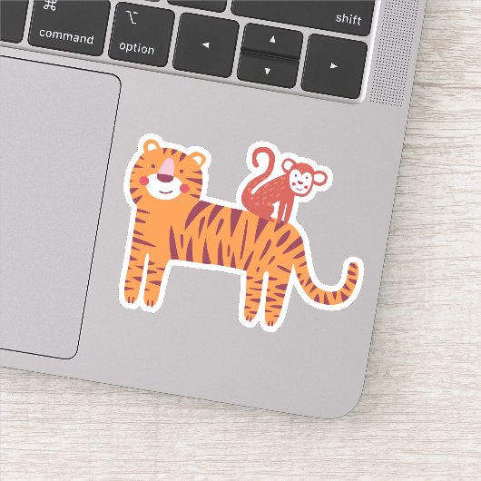 Sticker Tigre mignon avec singe sur l'ordinateur portable (Détail)