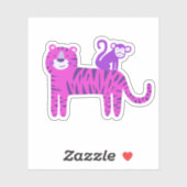 Sticker Tigre rose chaud mignon et singe pourpre sur le do (Feuille)