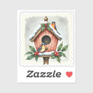 Sticker Timbre de Noël Maison d'oiseaux d'hiver