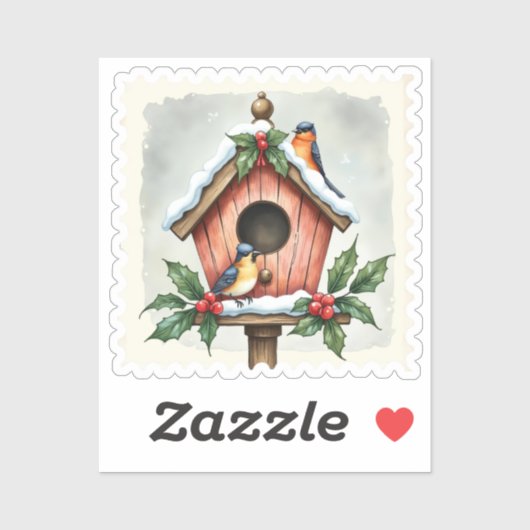 Sticker Timbre de Noël Maison d'oiseaux d'hiver (Feuille)