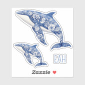 Sticker Toile Bleue Plage Florale Dolphins Monogramme (Feuille)