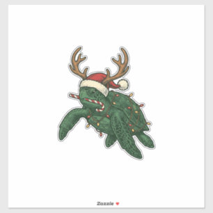 Sticker Tortue de mer de Noël Renne Gravure vintage De