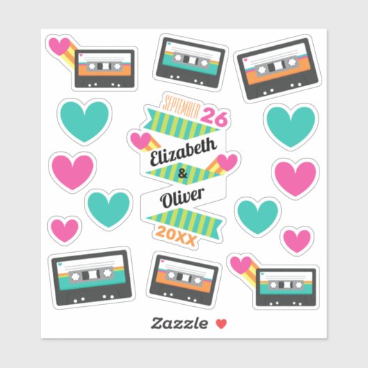 Sticker Totalement 80s Cassettes et Coeurs Mariage Vinyl (Feuille)