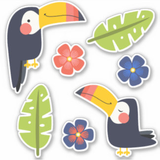 Sticker Toucans mignons Fleurs tropicales