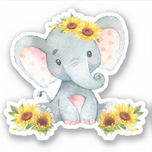 Sticker Tournesol floral mignonne bébé éléphant coupé Viny (Devant)