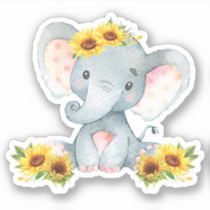 Sticker Tournesol floral mignonne bébé éléphant coupé Viny