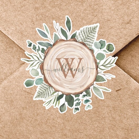 Sticker Tranche de bois rustique et feuillage à aquarelle 