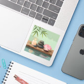 Sticker Tranquille Réflexion – Paysage Zen Vinyle Carré (Ordinateur portable avec iPhone)