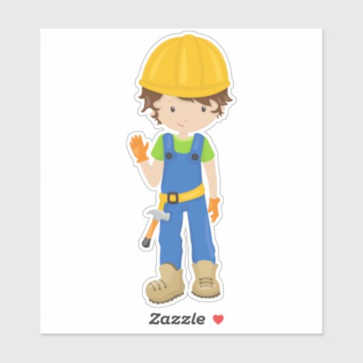 Sticker Travailleur de construction, Cheveux Brown, Garçon (Feuille)