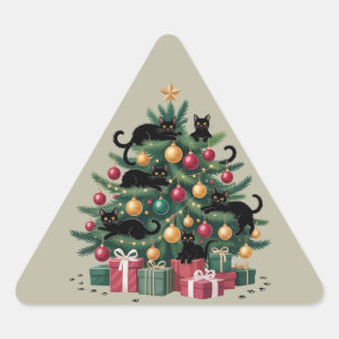 Sticker Triangulaire Arbre de Noël Chats Noirs Amoureux de Chats Lumièr