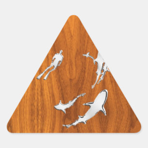 Sticker Triangulaire Chrome style Diver with Sharks on Teak Veneer