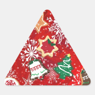 Sticker Triangulaire Cookies de Noël et flocons de neige sur fond rouge
