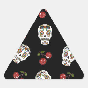 Sticker Triangulaire RAB Rockabilly Sugar Skulls Cerises Sur Fond Noir