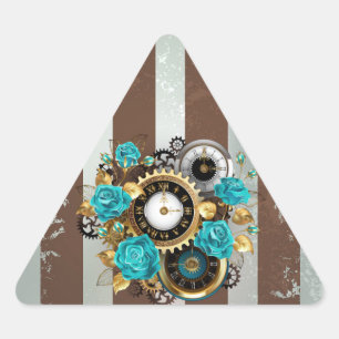 Sticker Triangulaire Steampunk Clock and Turquoise Roses on Striped