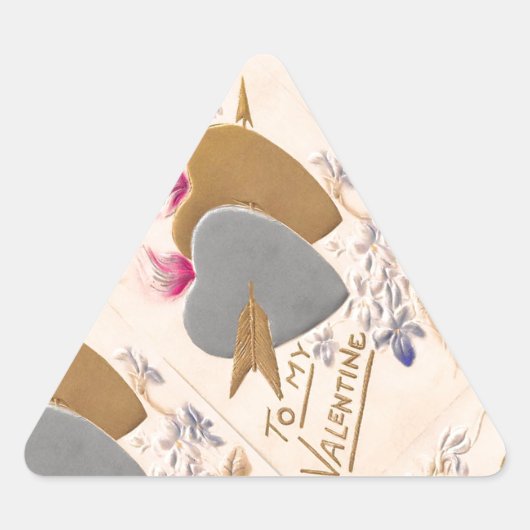 Sticker Triangulaire Vintage Silver & Gold Hearts Valentine Postcard (Devant)
