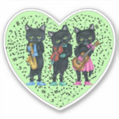 Sticker Trois Chats Noirs Jouer Musique Coeur Vert (Devant)