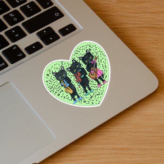 Sticker Trois Chats Noirs Jouer Musique Coeur Vert