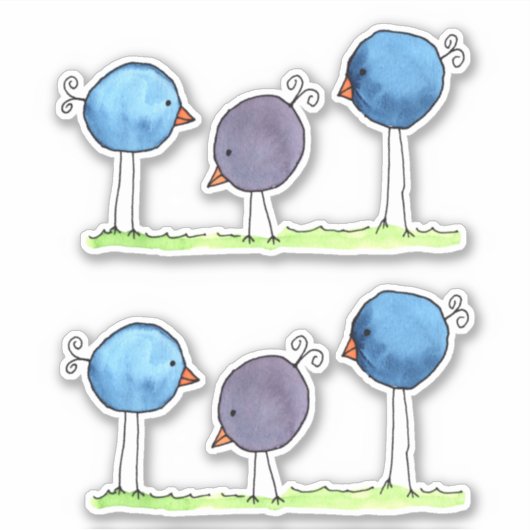 Sticker Trois oiseaux aquarelles fantaisistes (Devant)
