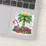 Sticker Tropical Christmas Holiday Palm Tree<br><div class="desc">Collier autocollant avec une image de vacances saisonnière. Un palmier tropical orné de lumières festives surmonté d'une étoile. Un sucre de canne géant rouge et blanc qui sort du sable. Cadeaux de Noël sous l'arbre. Whimsical et amusant.</div>