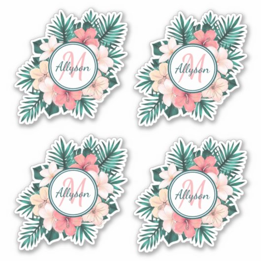 Sticker Tropical Fern Hibiscus Cadre Monogramme Contour (Devant)
