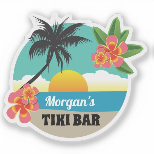 Sticker Tropical Tiki Bar avec nom, coucher de soleil, pal (Devant)
