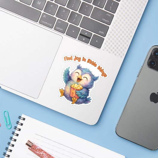 Sticker Trouvez la joie dans les petites choses - Chouette (Ordinateur portable avec iPhone)